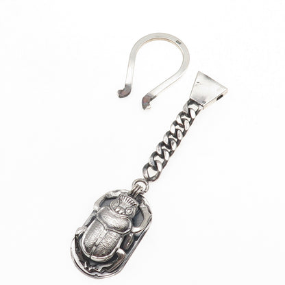 800 Silver Vintage Egypt Scarab Oxidized Key Fob Chain