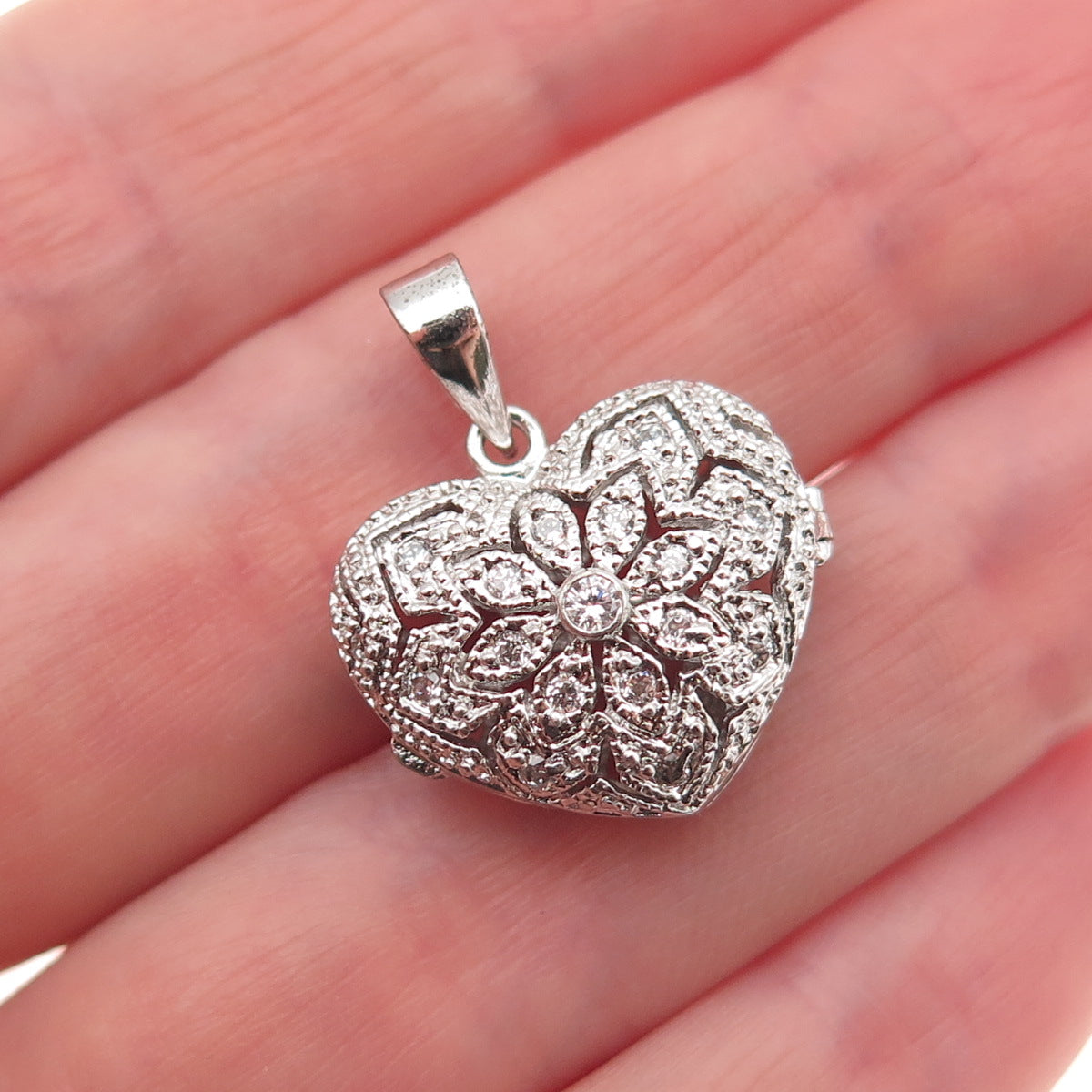 925 Sterling Silver Round-Cut C Z Heart Floral Locket Charm Pendant