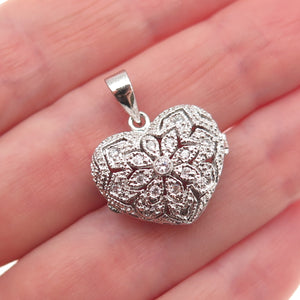 925 Sterling Silver Round-Cut C Z Heart Floral Locket Charm Pendant