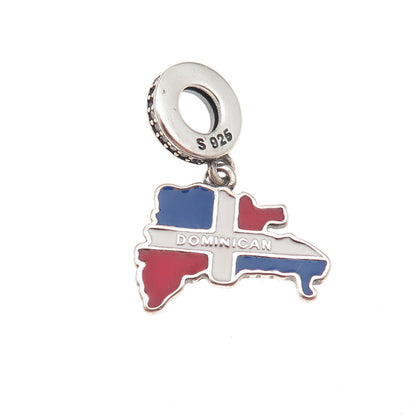 925 Sterling Silver C Z & Enamel Dominican Republic Flag / Map Dangle Charm