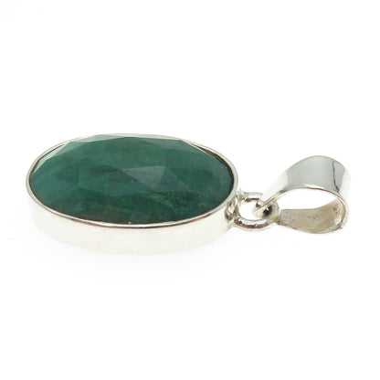 925 Sterling Silver Vintage Real Oval-Cut Emerald Pendant