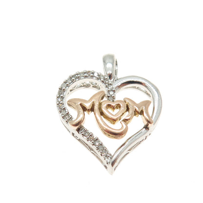 SUN 925 Sterling Silver & 10K Rose Gold Real Diamond "MOM" Heart Pendant