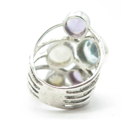 925 Sterling Silver Vintage Real Blue Topaz Amethyst & Moonstone Ring Size 6.75