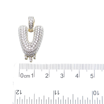 925 Sterling Silver Gold Plated Round-Cut Shaped C Z Letter V Sparkle Pendant
