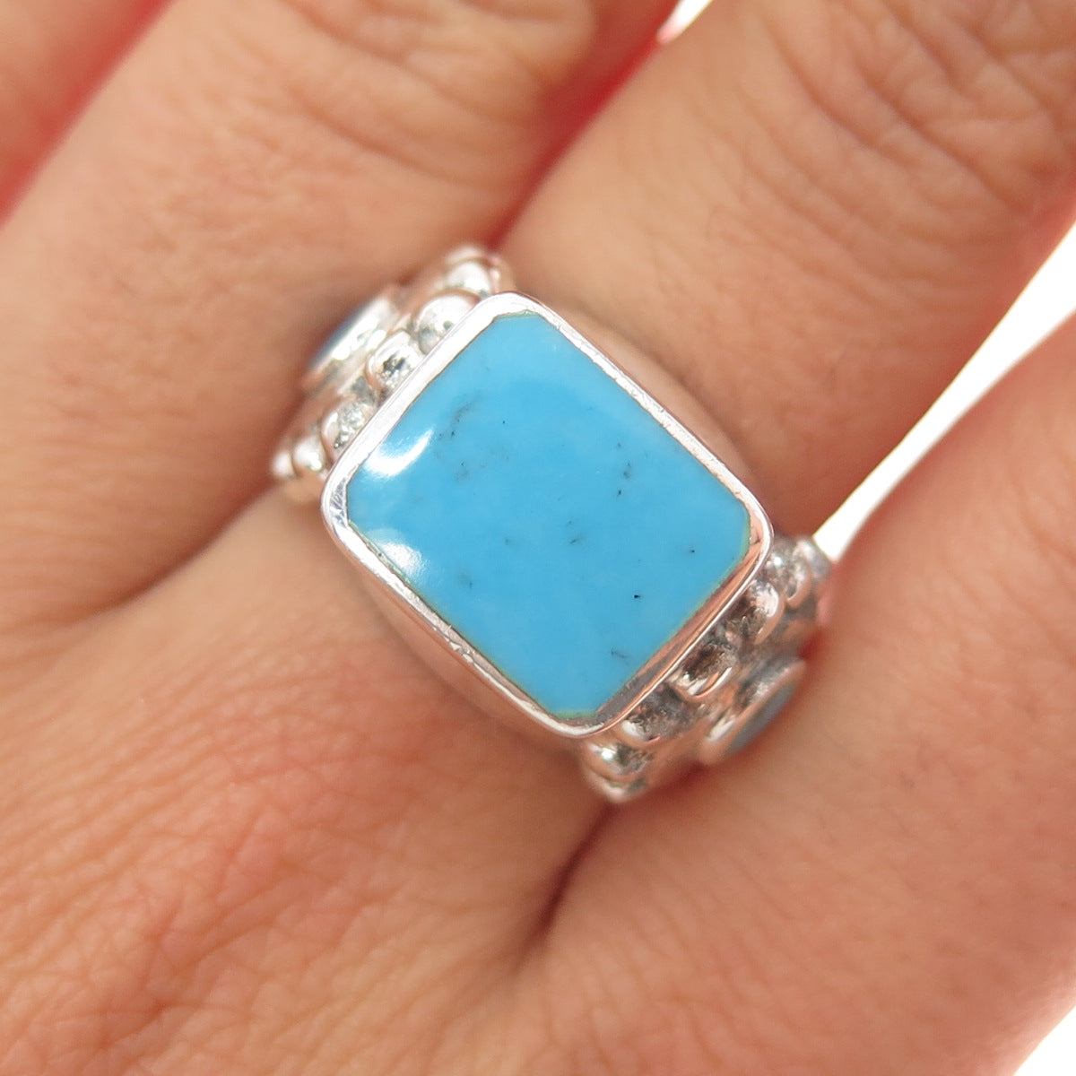 925 Sterling Silver Vintage Real Turquoise Modernist Ring Size 8.5