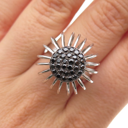 925 Sterling Silver Real Round-Cut Black Spinel Modernist Flower Ring Size 7.25