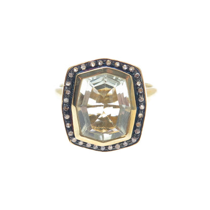 925 Sterling Silver Gold Plated Real Diamond & Green Amethyst Ring Size 7.75