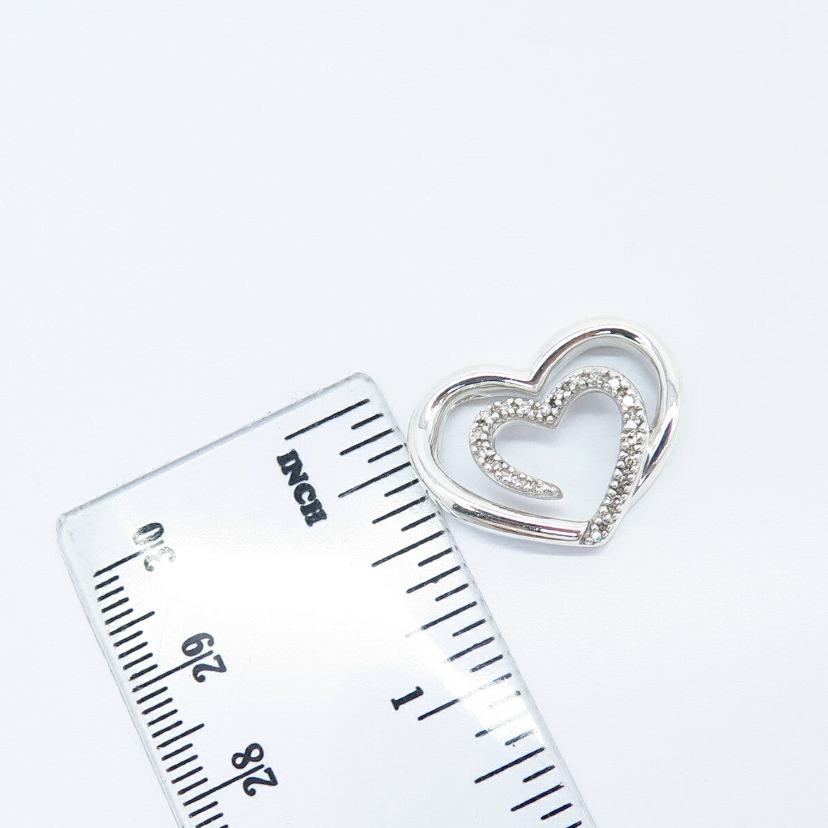925 Sterling Silver Real White Diamond Open Double Heart Slide Pendant
