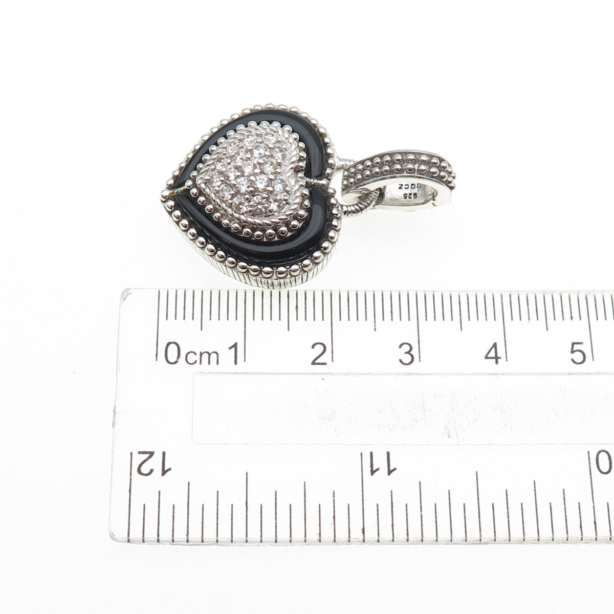 JUDITH RIPKA 925 Sterling Silver Real Black Onyx & C Z Heart Charm Pendant