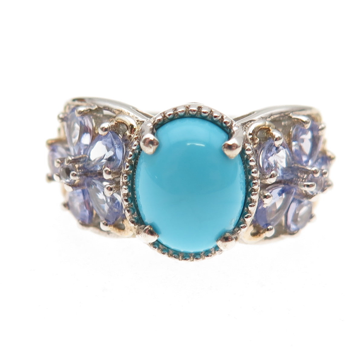 Chuck Clemency Sterling Silver 2-Tone Real Turquoise & Tanzanite Ring Size 8.25