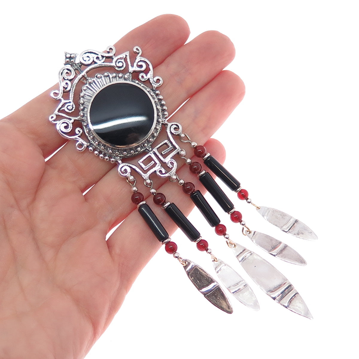 925 Sterling Silver Vintage Black Onyx & Carnelian Ethnic Oxidized Slide Pendant