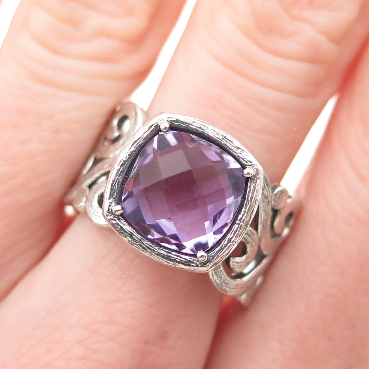 925 Sterling Silver Vintage Israel Real Amethyst Swirl Oxidized Ring Size 10