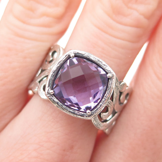 925 Sterling Silver Vintage Israel Real Amethyst Swirl Oxidized Ring Size 10