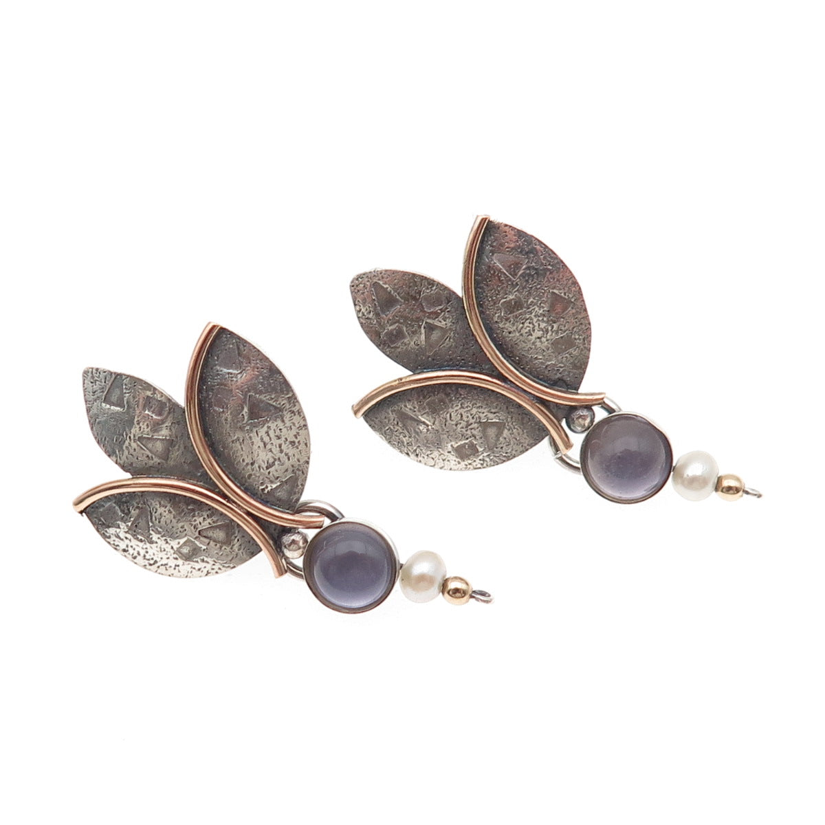 925 Sterling Gold Filled Vintage Real Pearl & Iolite Modernist Floral Earrings