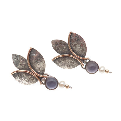 925 Sterling Gold Filled Vintage Real Pearl & Iolite Modernist Floral Earrings
