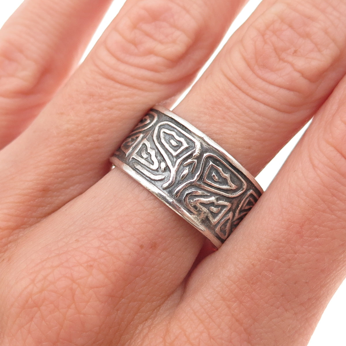 925 Sterling Silver Vintage Mexico Modernist Oxidized Wide Band Ring Size 10.25