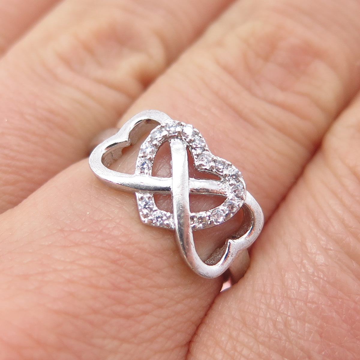 925 Sterling Silver Round-Cut C Z Interlocked Heart Infinity Ring Size 7