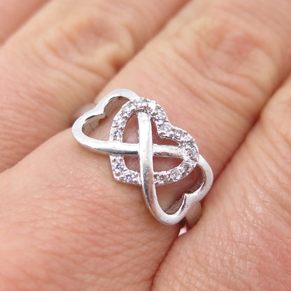 925 Sterling Silver Round-Cut C Z Interlocked Heart Infinity Ring Size 7