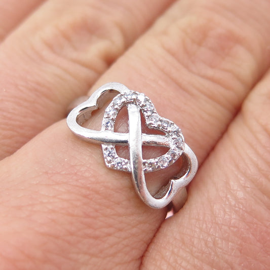 925 Sterling Silver Round-Cut C Z Interlocked Heart Infinity Ring Size 7