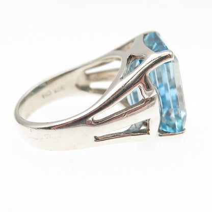 CNA Pranda 925 Sterling Silver Real Emerald-Cut Blue Topaz Ring Size 5.5