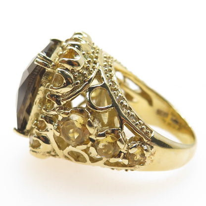 925 Sterling Silver Gold Plated Real Smoky Quartz & Citrine Ring Size 7