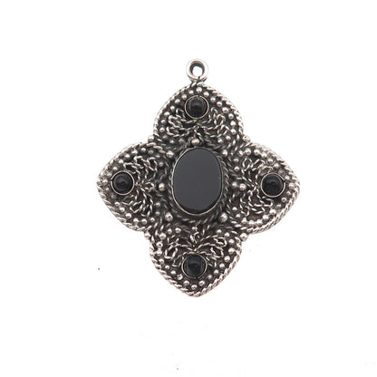 925 Sterling Silver Vintage Real Black Onyx Cross Oxidized Charm Pendant