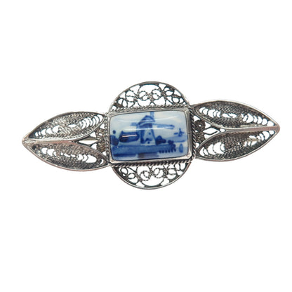 DELFT & G.Bergh Jr. 835 Silver Vintage Netherlands Ceramic Old Windmill Brooch