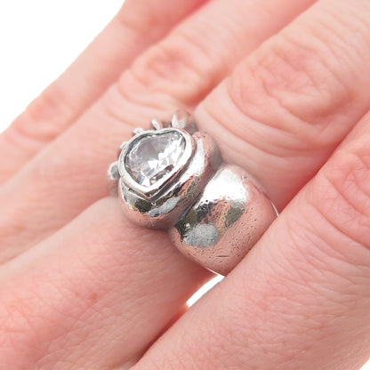 925 Sterling Silver Vintage Heart-Cut C Z Modernist Oxidized Ring Size 7.25