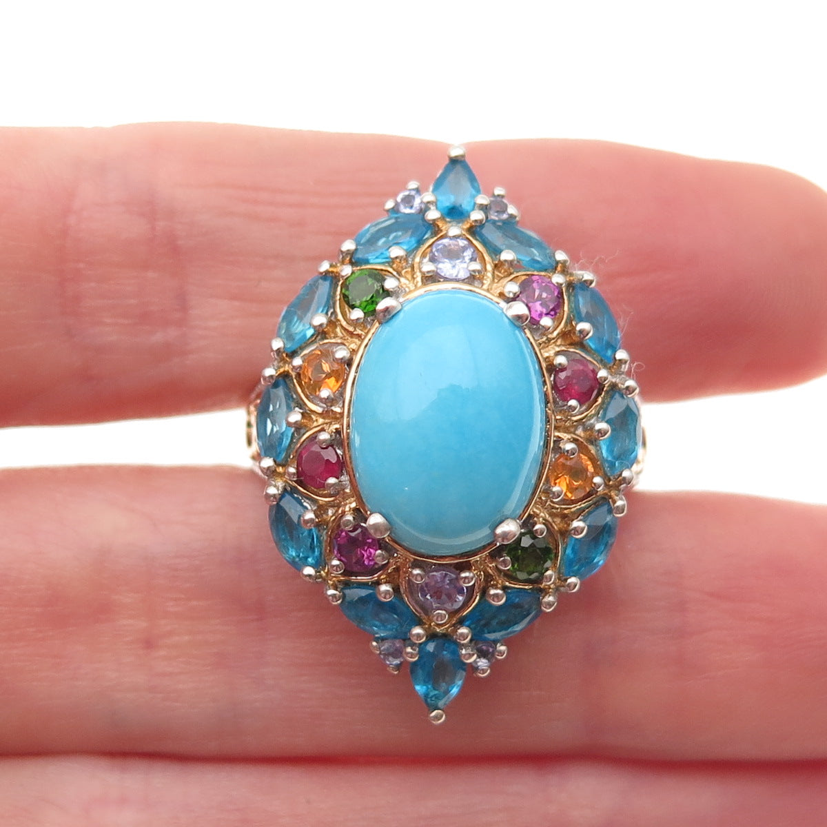 Chuck Clemency 925 Sterling Silver 2-Tone Real Multi-Color Gem Ring Size 8.25