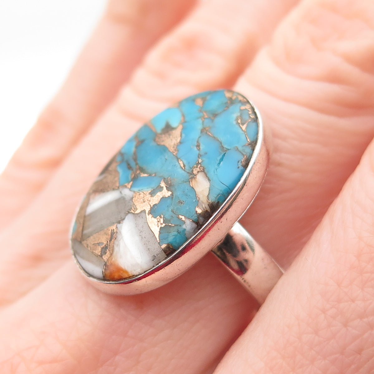 925 Sterling Silver Vintage Real Mohave Turquoise Modernist Ring Size 7.75