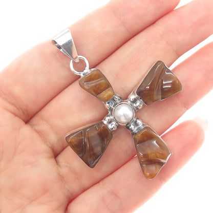 925 Sterling Vintage HOB Mexico Real Pearl & Faux Amber Modernist Cross Pendant