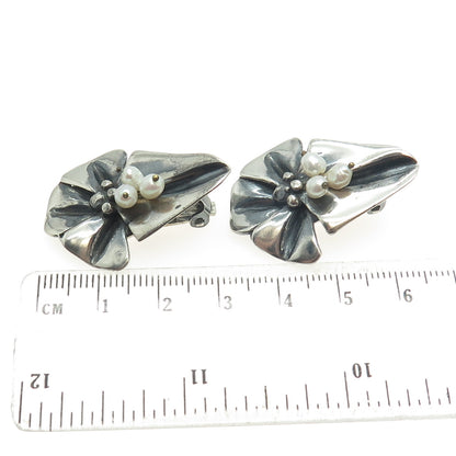 ARTIO Sterling Silver Vintage Pearl Modernist Floral Oxidized Clip On Earrings