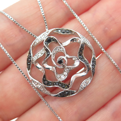 SAI 925 Sterling Silver Black & White C Z Flower Pendant Box Chain Necklace 18"