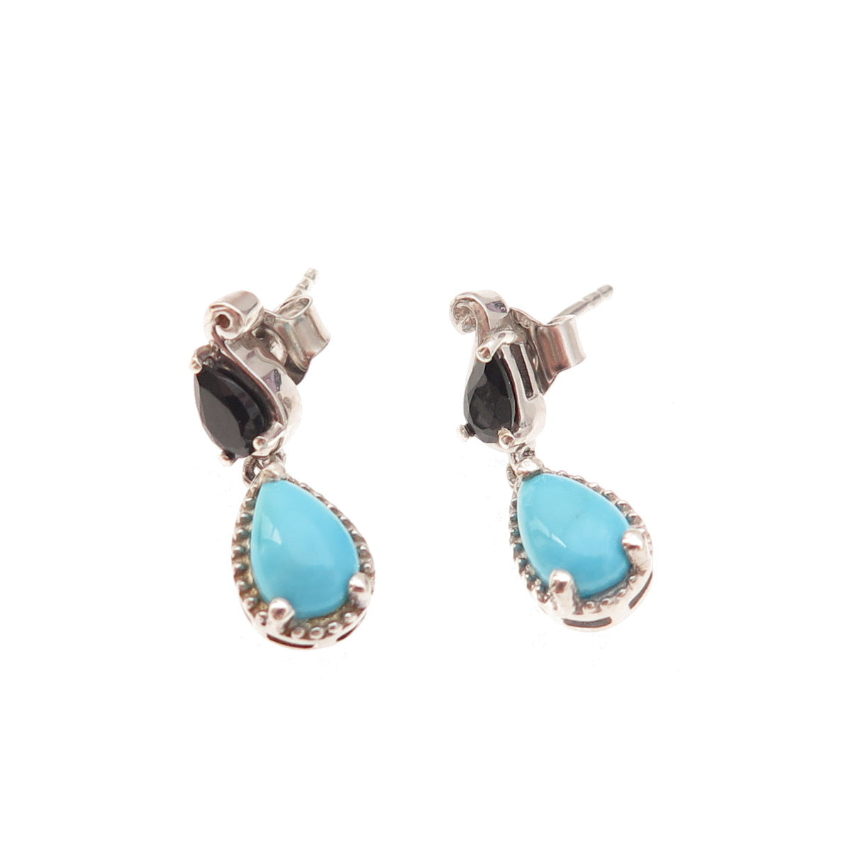 Chuck Clemency 925 Sterling Silver Real Turquoise & Black Spinel Dangle Earrings