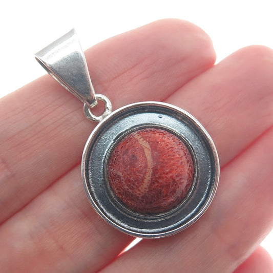 925 Sterling Silver Vintage Real Coral Modernist Oxidized Pendant
