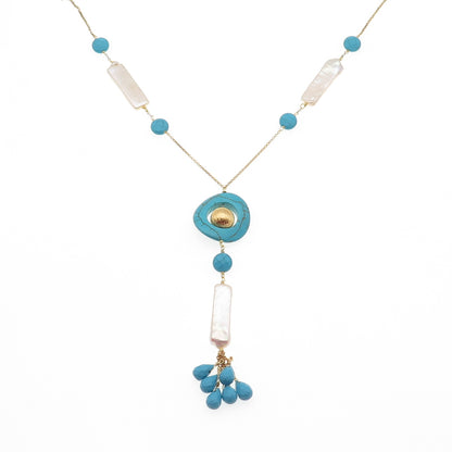 925 Sterling Silver Gold Plated Vintage Italy Real Pearl Turquoise Necklace 26"