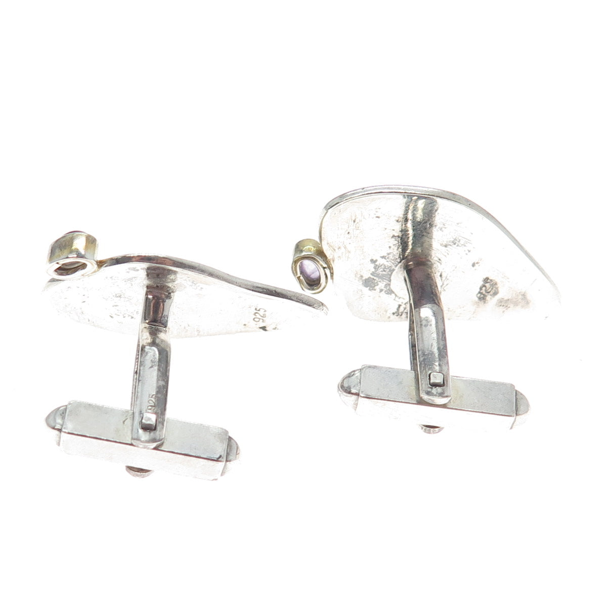 925 Sterling Silver 2-Tone Vintage Real Amethyst Gemstone Modernist Cufflinks