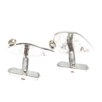 925 Sterling Silver 2-Tone Vintage Real Amethyst Gemstone Modernist Cufflinks
