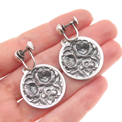 925 Sterling Antique Art Deco Floral Repousse Oxidized Screw Back Earrings
