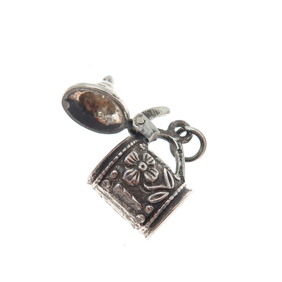 835 Silver Vintage Beer Stein Oxidized Minimalist Locket 3D Charm Pendant
