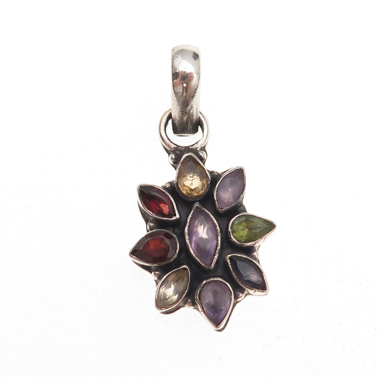 925 Sterling Silver Vintage Real Amethyst Garnet Peridot Citrine Iolite Pendant