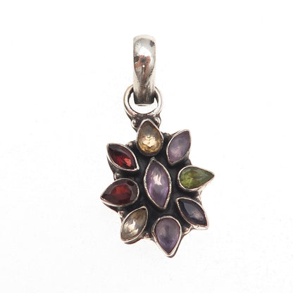925 Sterling Silver Vintage Real Amethyst Garnet Peridot Citrine Iolite Pendant