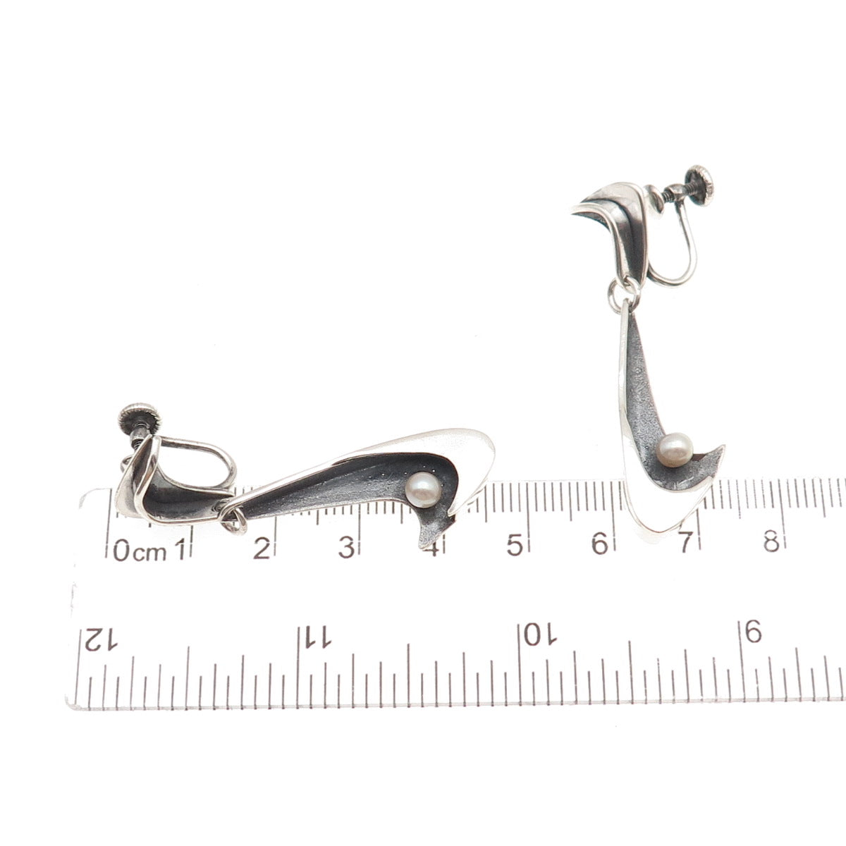 925 Sterling Silver Vintage Real Pearl Modernist Oxidized Screw Back Earrings