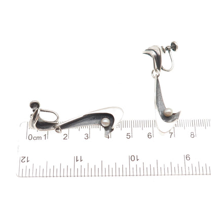 925 Sterling Silver Vintage Real Pearl Modernist Oxidized Screw Back Earrings