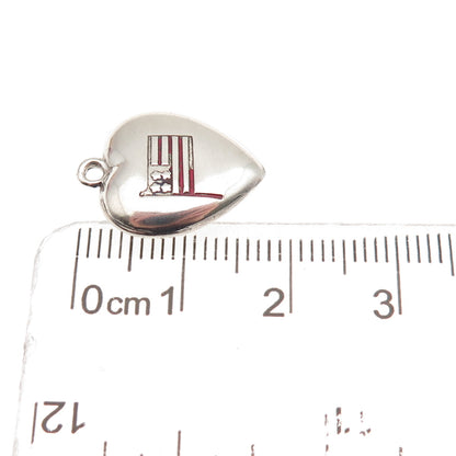 925 Sterling Antique Enamel US Flag Chatelaine Engraved Heart Mini Charm Pendant