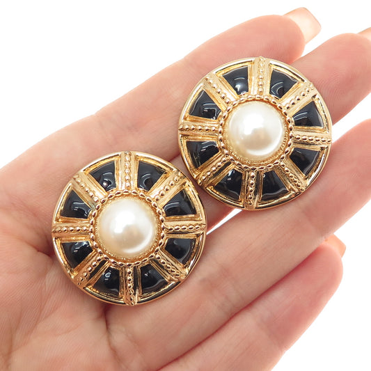 St. John Gold Plated Vintage Enamel Faux Pearl Dome Clip On Earrings
