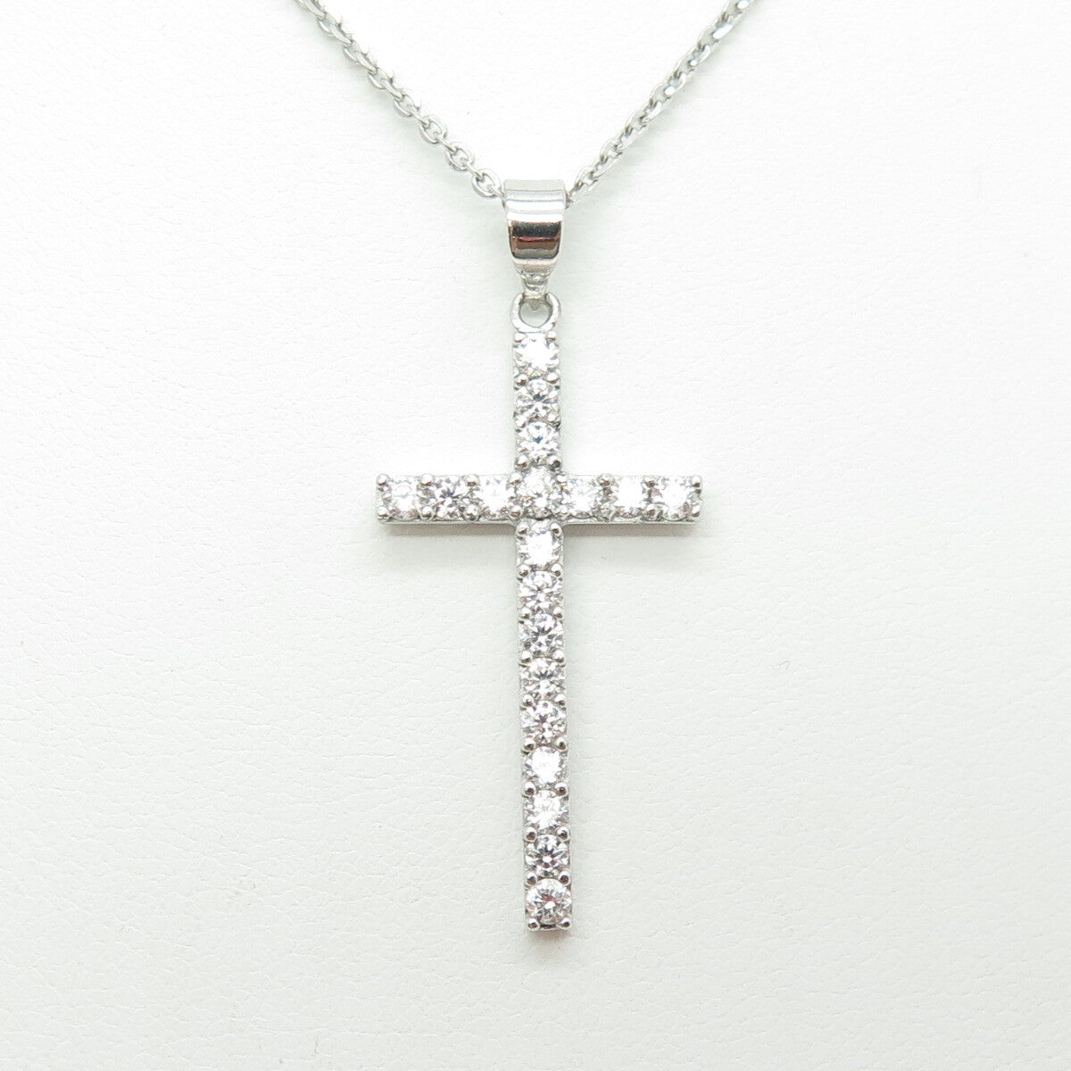 925 Sterling Silver Italy Round-Cut C Z Cross Cable Chain Necklace 16"