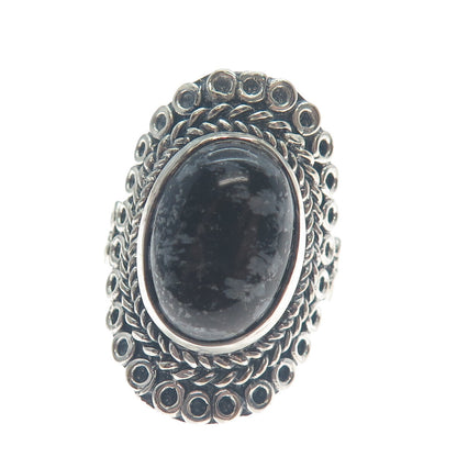 925 Sterling Silver Vintage Snowflake Obsidian Circle Link Oxidized Ring Size 9