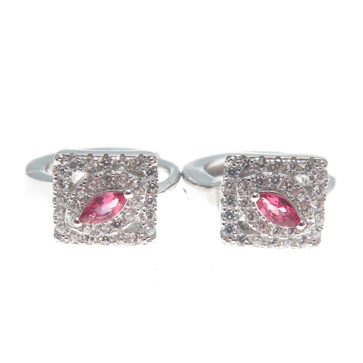 925 Sterling Silver Marquise-Cut Pink & Round-Cut White C Z Hoop Earrings