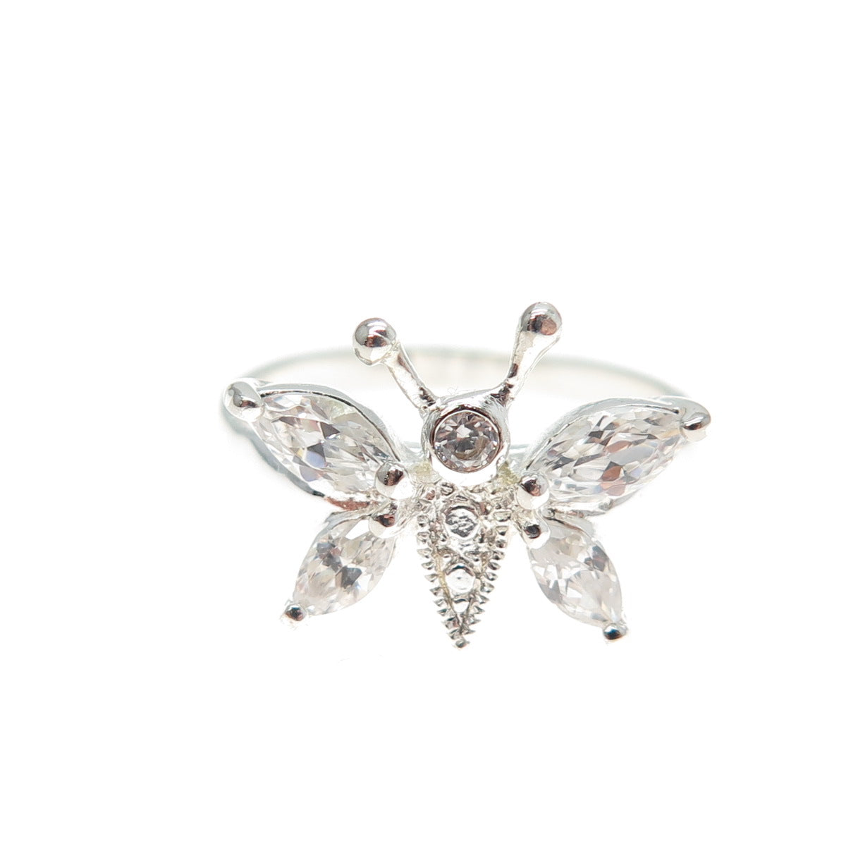 925 Sterling Silver Vintage Marquise & Round-Cut C Z Butterfly Ring Size 6.25
